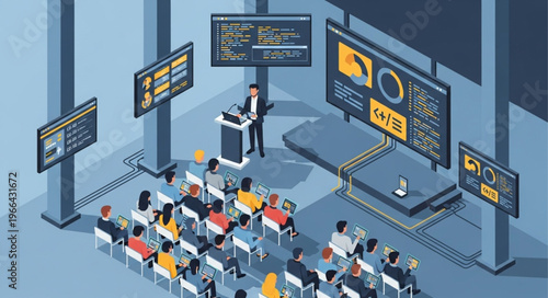 Isometric Illustration of a Tech Conference with Speaker and Audience.