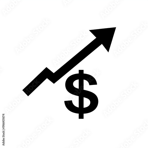 Minimalist black icon of a rising chart arrow with a dollar symbol, symbolizing financial growth, increasing profits, market success, and positive business performance.