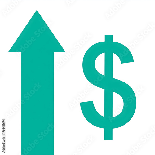 Clean financial concept showing an upward arrow beside a dollar symbol in teal gradient, representing profit growth, investment success, rising income, and positive economic momentum.