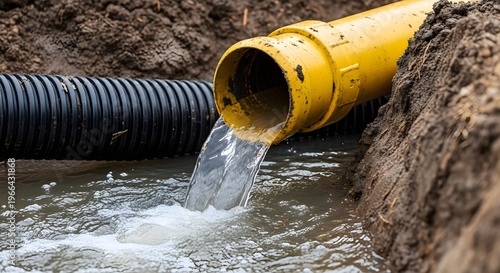 Worker pumping sewage from a septic tank using a hose and vacuum pump, septic system maintenance and waste extraction scene. Wastewater System Management