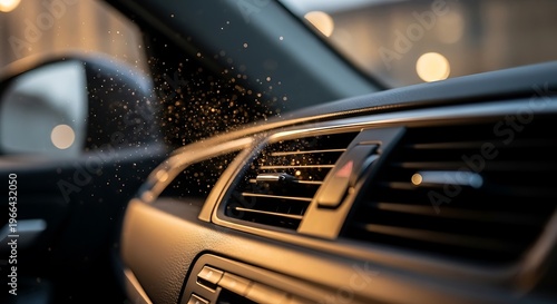 Interior shot of a car's dashboard with focus on vents, light particles suspended