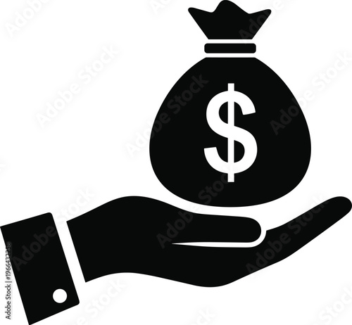 Black silhouette icon of a businessman hand holding a money bag with dollar sign for investment, finance, and banking concept.