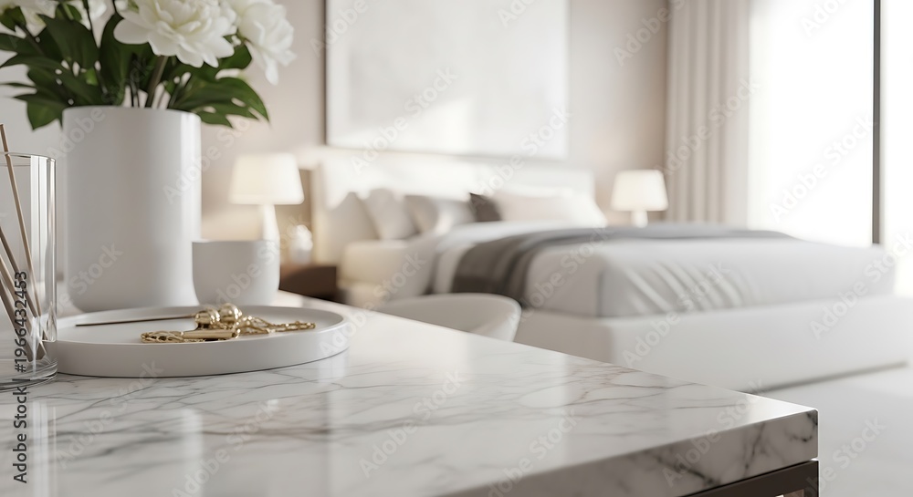Naklejka premium Interior view of a bright, modern bedroom with marble table, flowers, and bed