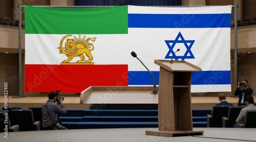 Podium with microphone on the background of the Lion and Sun flag of Iran and Israeli flags