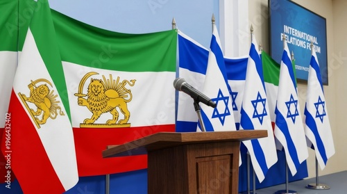 Podium with microphone on the background of the Lion and Sun flag of Iran and Israeli flags