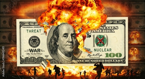Nuclear explosion on the background of 100 dollar bill. Threat of nuclear war
