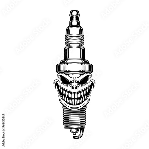 A sinister spark plug with a grinning face and sharp teeth is illustrated on a white background.
