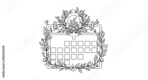 Black and white line drawing of a calendar surrounded by a wreath of leaves and flowers on a plain background.