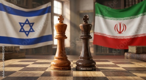 Two chess kings against the background of the Israeli and Iranian flags 