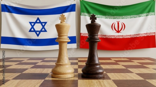 Two chess kings against the background of the Israeli and Iranian flags 