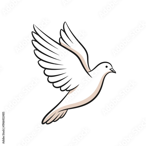 A minimal flying dove soars with soft curves on a white background.
