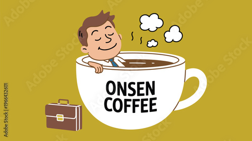 Relaxed Businessman Character Relaxing in Giant Cup of Hot Coffee Onsen Vector