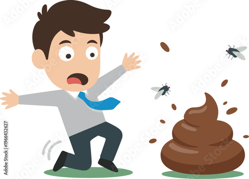 Shocked Businessman Character Reacting to Large Pile of Poop with Flies Vector Illustration