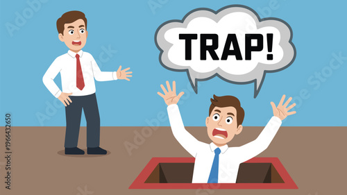 Shocked Businessman Falling into Floor Hole Trap While Colleague Watches Vector Illustration