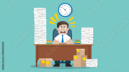 Stressed Businessman Overwhelmed by Huge Stacks of Paperwork and Documents at Office Desk Vector