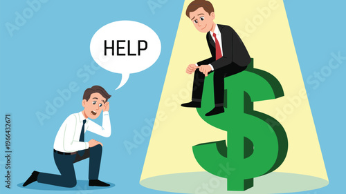 Wealthy Businessman Sitting on Giant Dollar Sign Ignoring Poor Man Asking for Help, Inequality Concept Vector