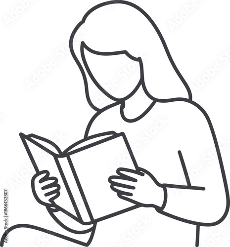 Line art illustration of a woman reading a book