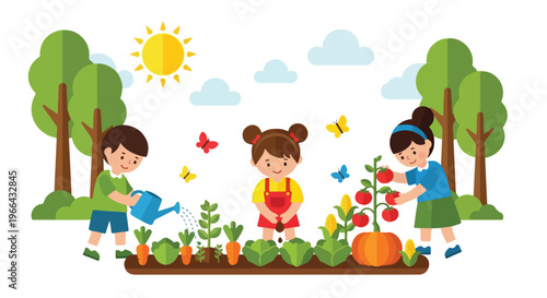 Three children enjoy a sunny day in the garden, watering plants, sowing seeds, and harvesting fresh vegetables amidst lush trees and butterflies.