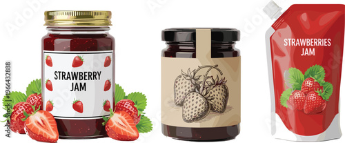 Strawberry Jam Packaging Collection with Glass Jar and Pouch Designs, Sweet Fruit Preserve Food Product Vector Illustration