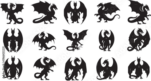 Collection of black dragon silhouettes on white background