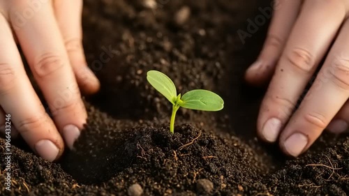 Hands Planting Small Green Seedling in Soil.