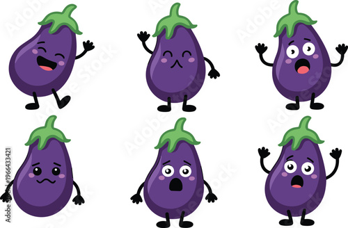Cartoon eggplant character illustration, funny vegetable vector design, expressive food emotion art, anthropomorphic veggie icon, playful healthy lifestyle graphic