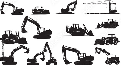 Silhouettes of heavy construction equipment and machinery
