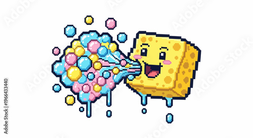 Cute cartoon sponge character blowing colorful bubbles.