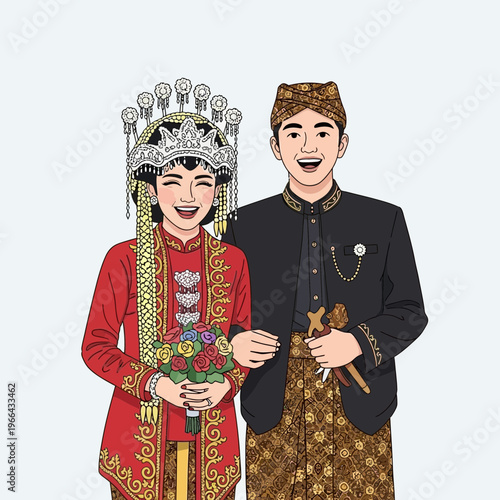 Happy Javanese Couple in Traditional Wedding Attire