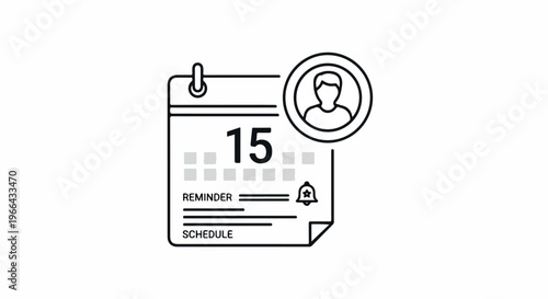 Line drawing of a calendar page with a reminder and schedule for the 15th, featuring a profile icon in a circle on a white background.