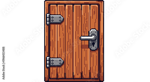 Rustic Wooden Door with Metal Hinges and Handle.