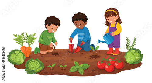 Three diverse children are happily working in an outdoor garden, planting seeds, digging soil, and watering various vegetables and herbs.