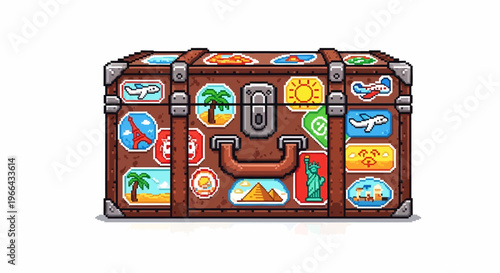 Vintage Travel Suitcase Covered in Destination Stickers.