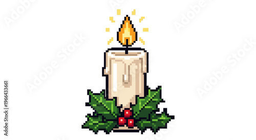 Pixel Art Christmas Candle with Holly Berries.