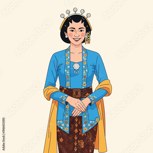 Indonesian Woman in Traditional Kebaya and Batik