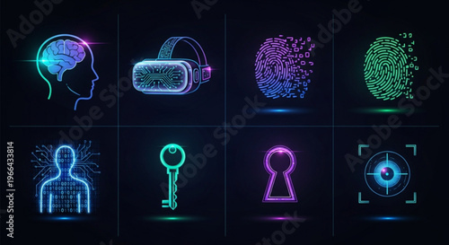 Digital Identity and Security Icons Biometrics, VR, and Access Control