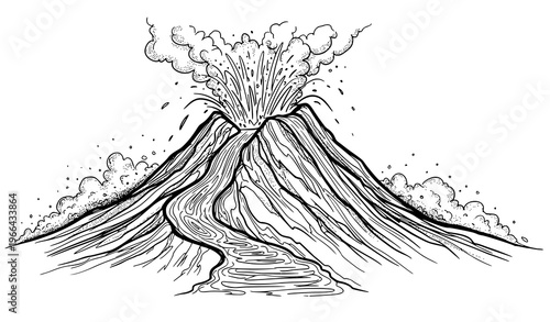 Hand drawn volcano eruption side view black and white vector with flowing lava and ash cloud illustration for prints and design