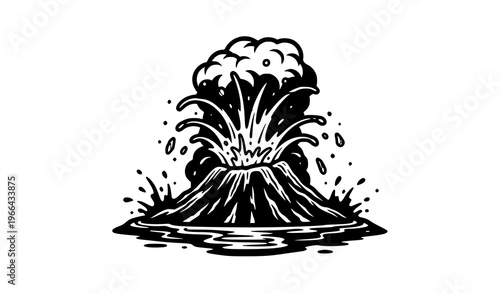 Stylized volcano eruption black and white vector close up with bold line art for tattoo logo and graphic design