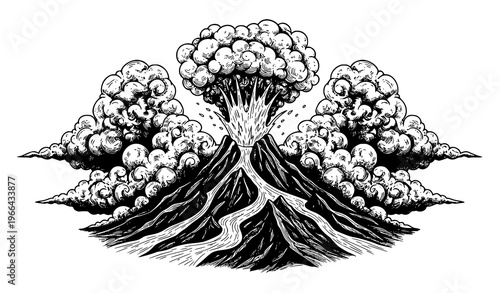 Detailed black and white volcano eruption vector with engraved line art volcanic explosion illustration for tattoo and educational use