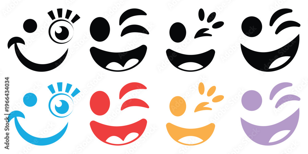 Fototapeta premium Colorful smiley faces with different emotions emojis in black blue red yellow purple