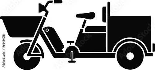 A black silhouette icon representing a three wheeled cargo tricycle for delivery and transport. isolated on transparent background, Vector