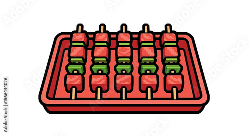 Five Skewers of Raw Meat and Green Peppers on a Tray.