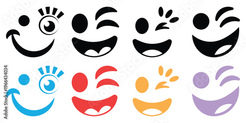 Colorful smiley faces with different emotions emojis in black blue red yellow purple