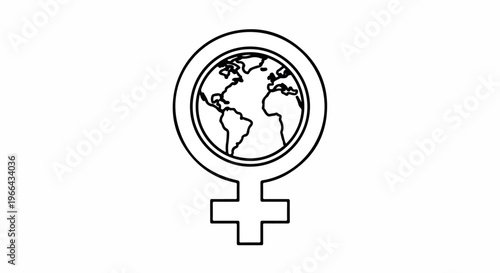 Line drawing of a female symbol with the Earth inside the circle on a white background.