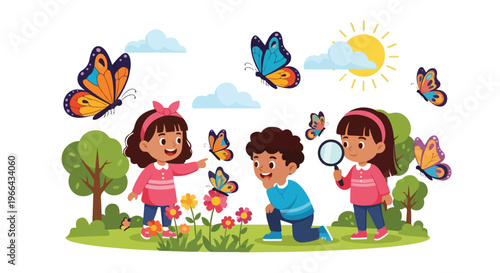 Three happy children explore a vibrant garden filled with colorful flowers and fluttering butterflies on a sunny day.