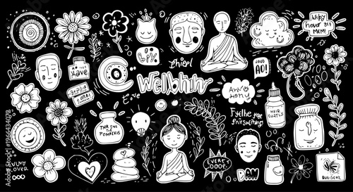 Hand-Drawn Black and White Line Art Doodle Icons and Symbols for Wellness, Self-Care, Mental Health, and Mindfulness Niche