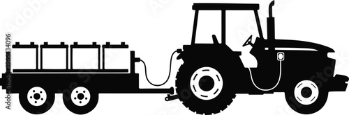 A silhouette illustration of a farm tractor pulling a trailer loaded with several large batteries isolated on transparent background, Vector