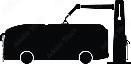Black silhouette icon of an electric bus connected to an overhead charging station on white background isolated on transparent background, Vector