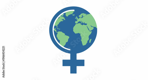 Graphic illustration of a blue and green globe with a female symbol on a white background.
