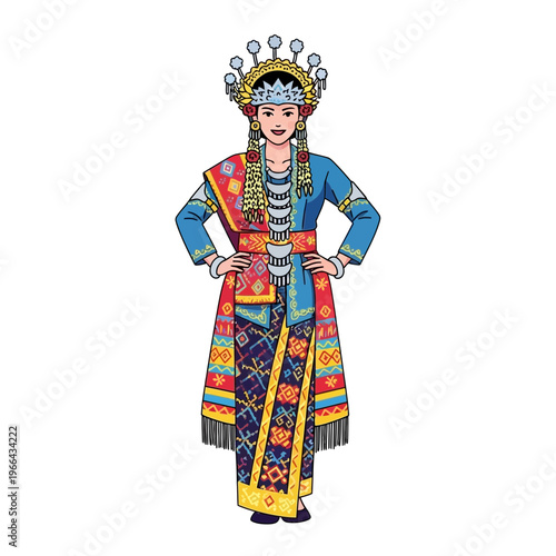 Woman in Traditional Indonesian Attire with Intricate Headdress and Colorful Garments
